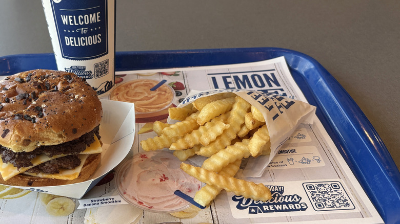 Culver's fries, next to a Colby Jack burger and a drink