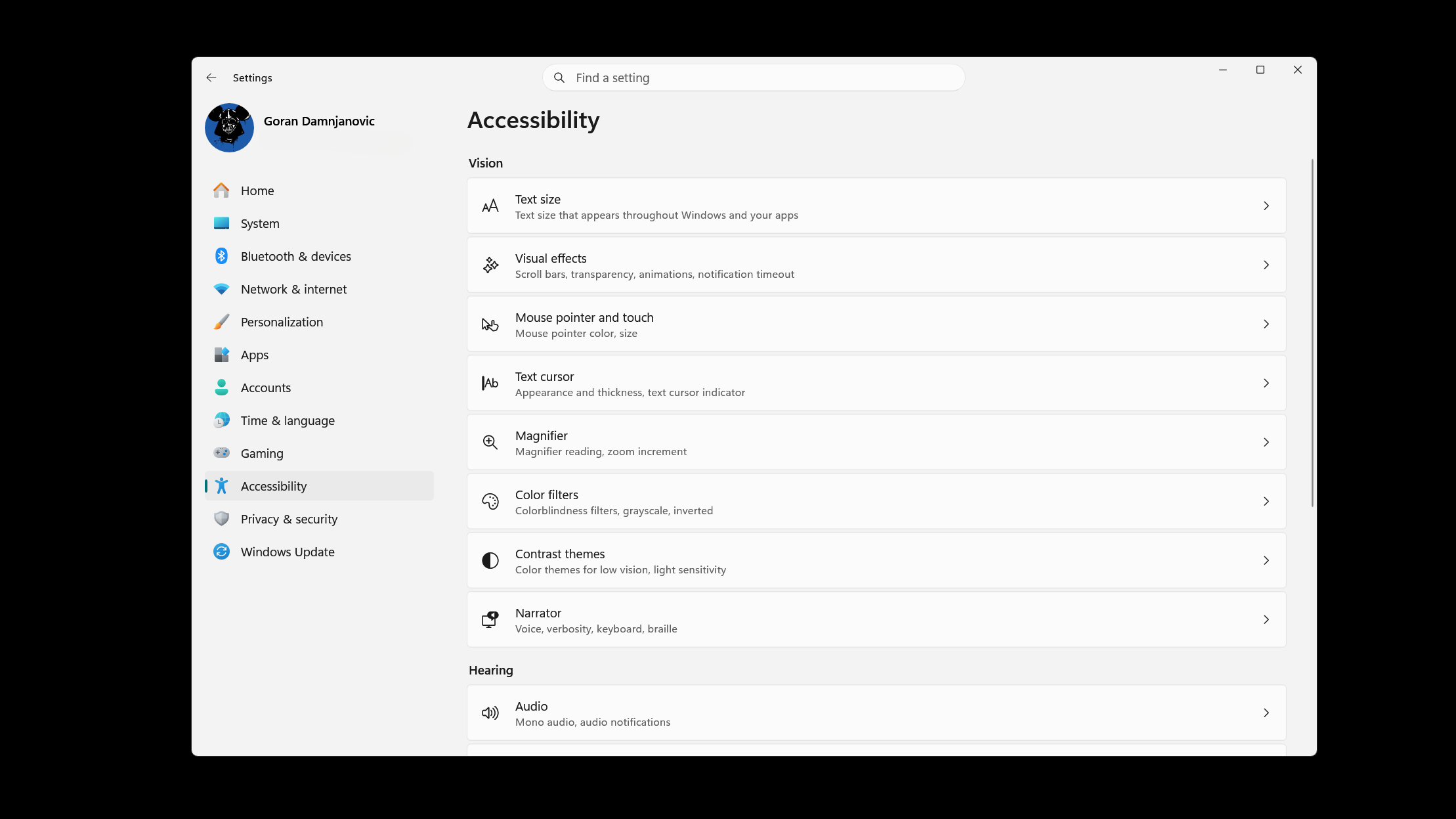 The Windows Accessibility menu in Windows Settings.