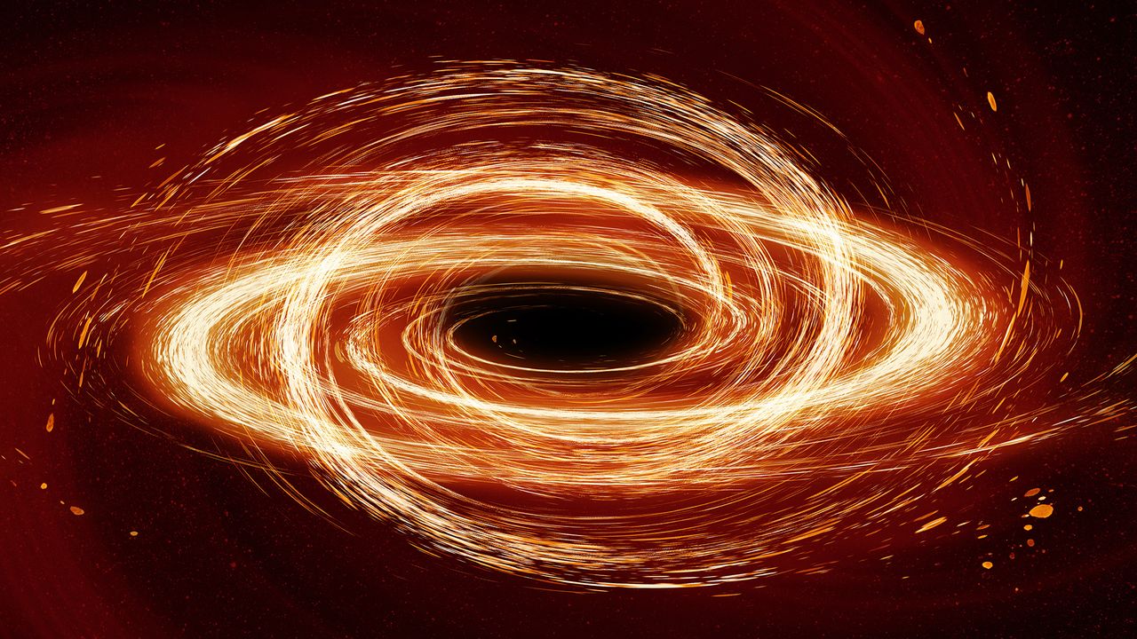 An illustration of a black hole with golden light swirling around its event horizon.