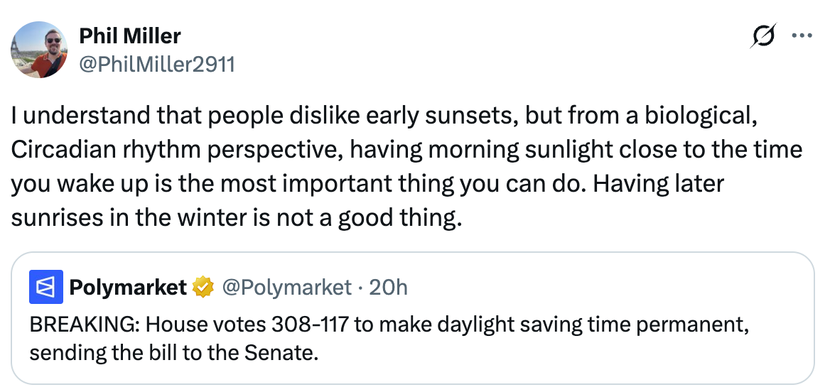 Tweet criticizing permanent daylight saving time, arguing morning sunlight is crucial for circadian rhythm, reacting to House voting on the measure