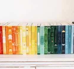 Books displayed on a shelf, organized by height, with a stylish, minimalist design. Ideal for home decor enthusiasts and book collectors