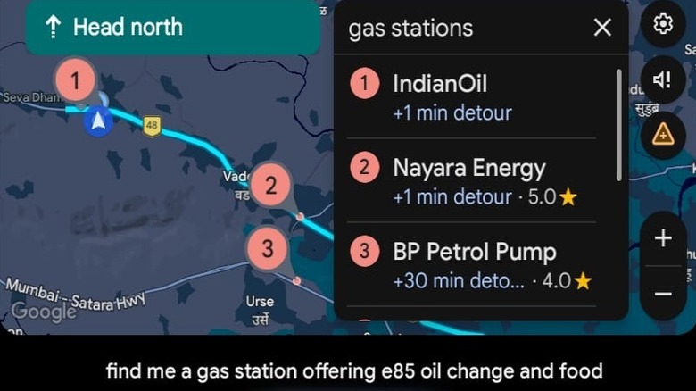 A screengrab of Android Auto showing Gemini integration for locating gas stations