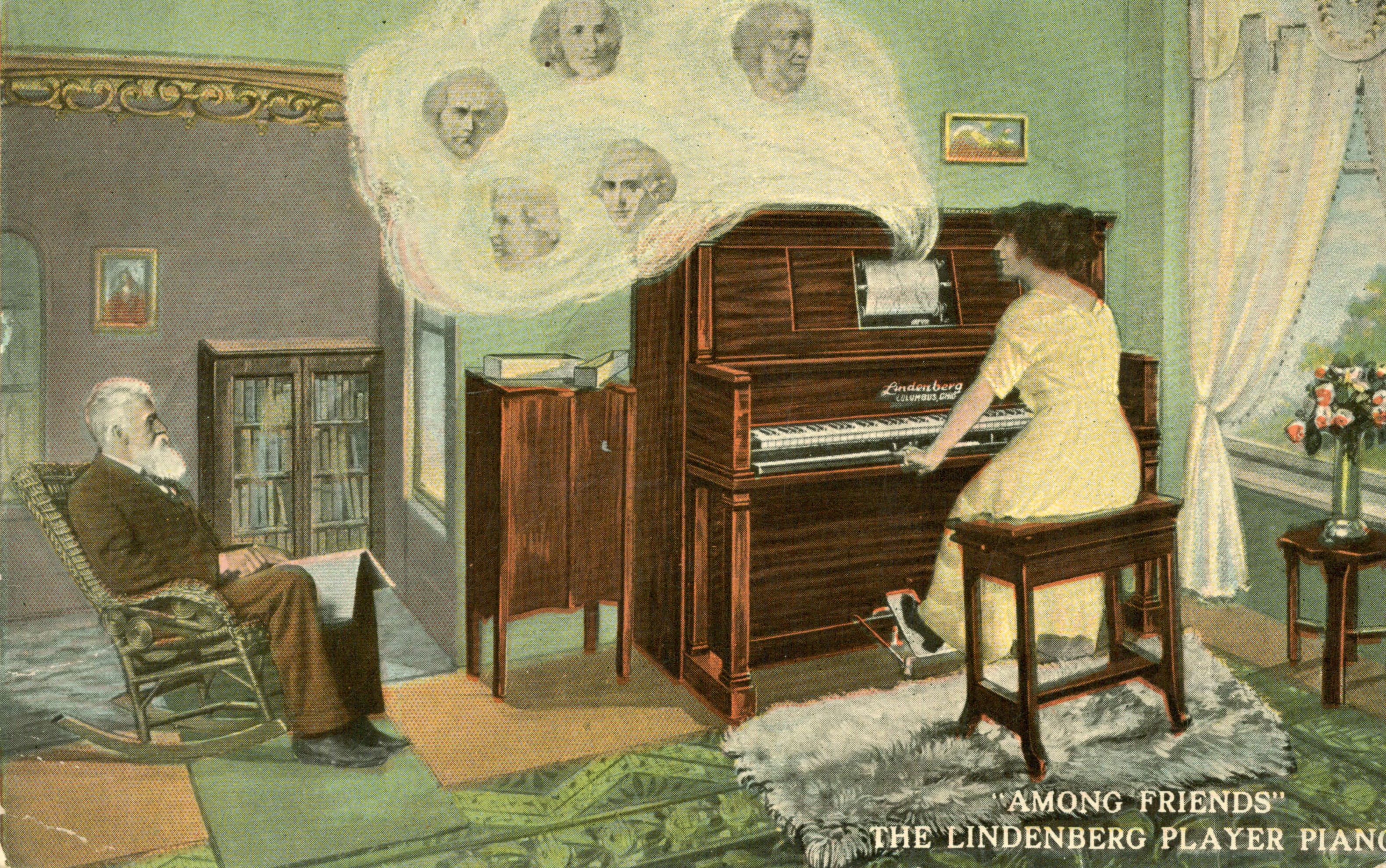 An advertising postcard for the Lindenberg Player Piano.