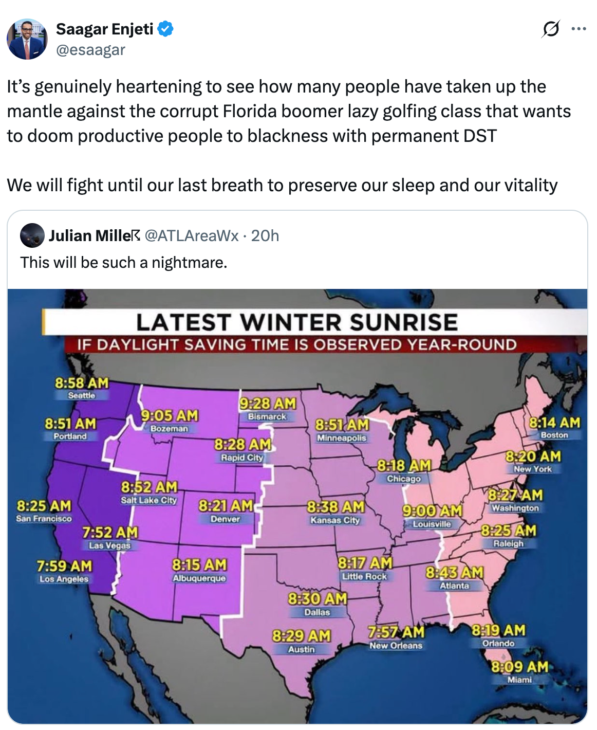 Tweet about opposition to permanent Daylight Saving Time, emphasizing its impact on productivity and sleep. Includes map showing sunrise times