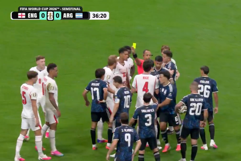 Argentina and England players swarm FIFA referees during the World Cup
