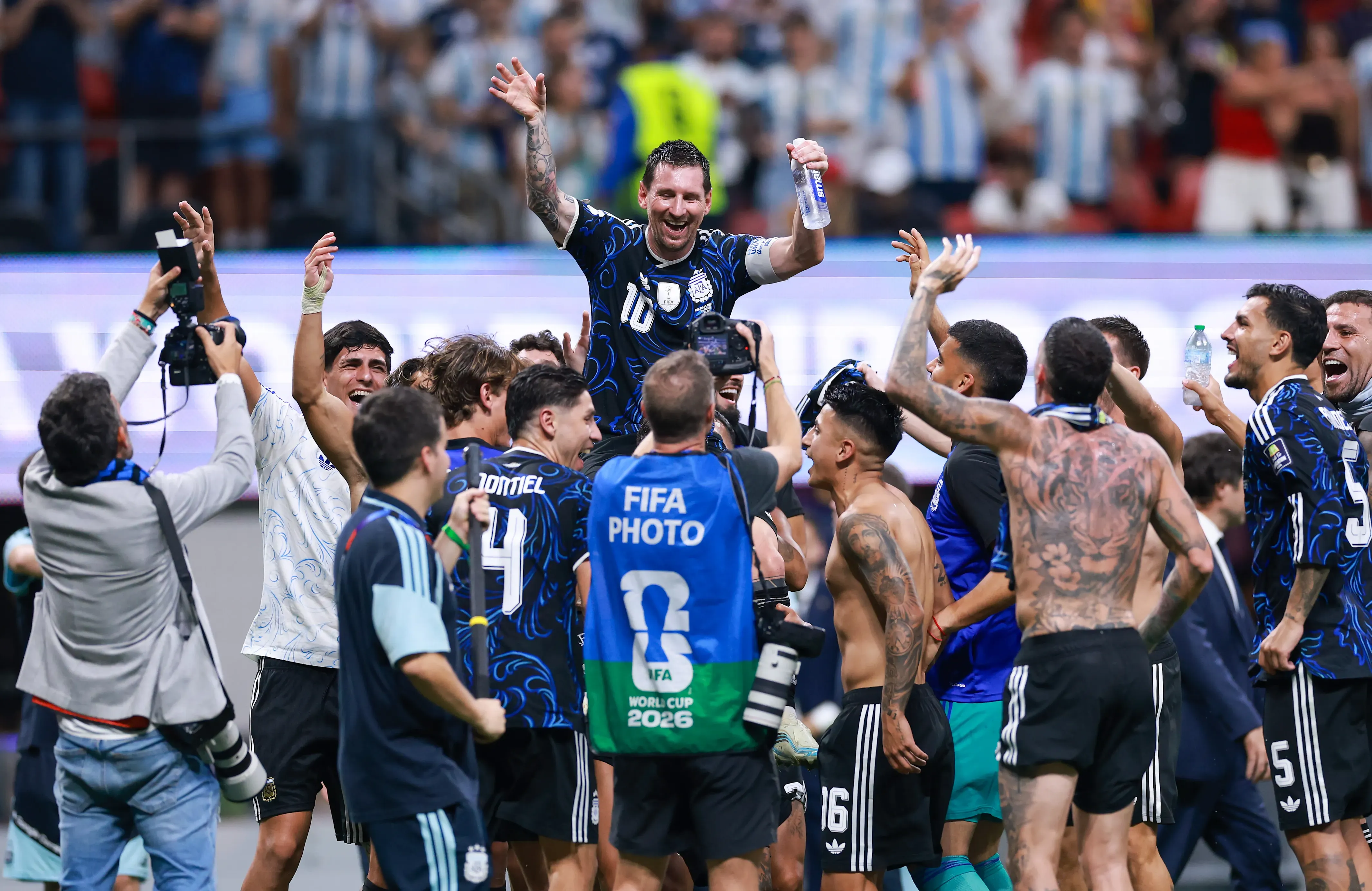 ATLANTA, GEORGIA – JULY 15: Lionel Messi #10 of Argentina celebrates with teammates after the 2-1 win during the FIFA World Cup 2026 Semi Final match between England and Argentina at Atlanta Stadium on July 15, 2026 in Atlanta, Georgia. (Photo by Elsa/Getty Images)