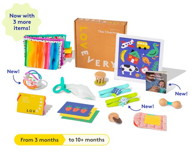 Toy subscription set for babies, featuring colorful books, rattles, a puzzle, and sensory items. Suitable for ages 3 months to 10+ months