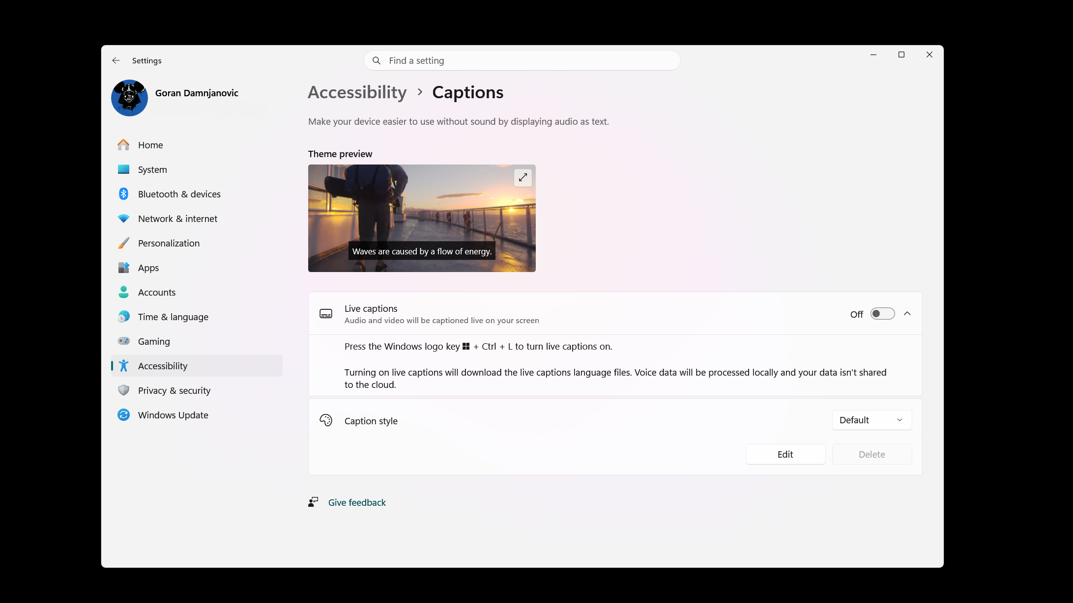 The Live Captions options menu in Windows Settings.