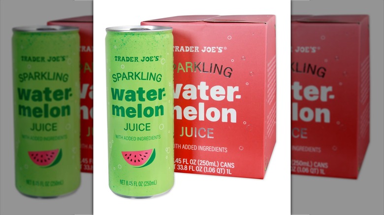 Red box and green can of Trader Joe's Sparkling Watermelon Juice on white background