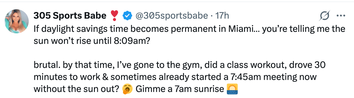 A tweet discussing the effects of making daylight saving time permanent in Miami, highlighting concerns about late sunrises