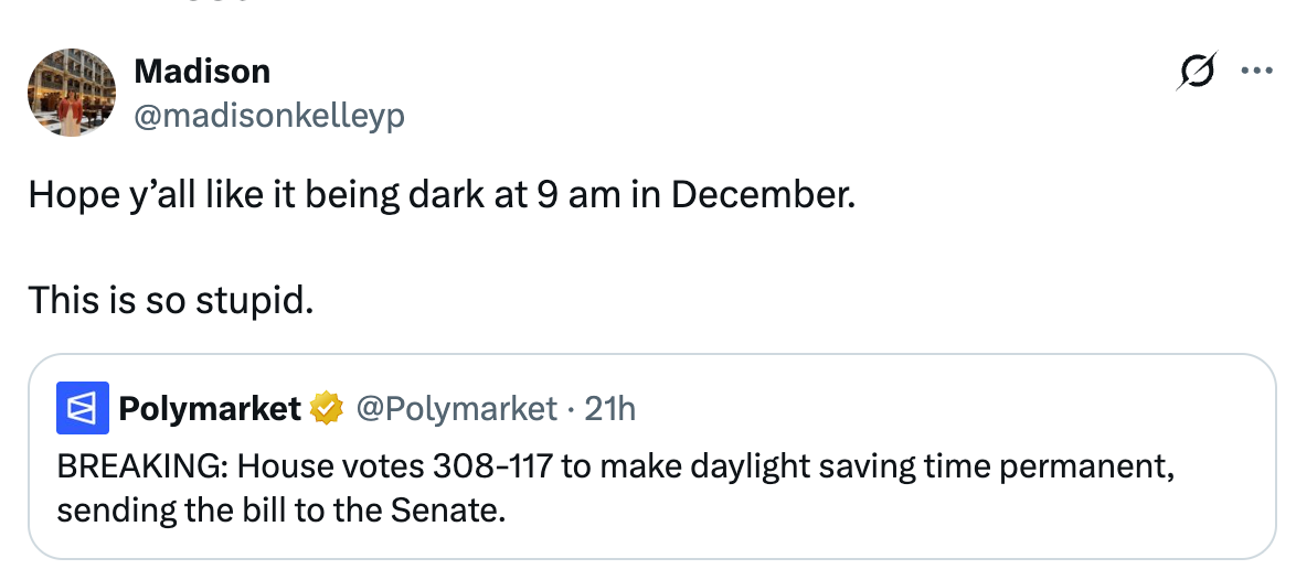 Tweet by Madison expresses frustration about daylight saving time changes, referencing a news update on the House vote to make it permanent