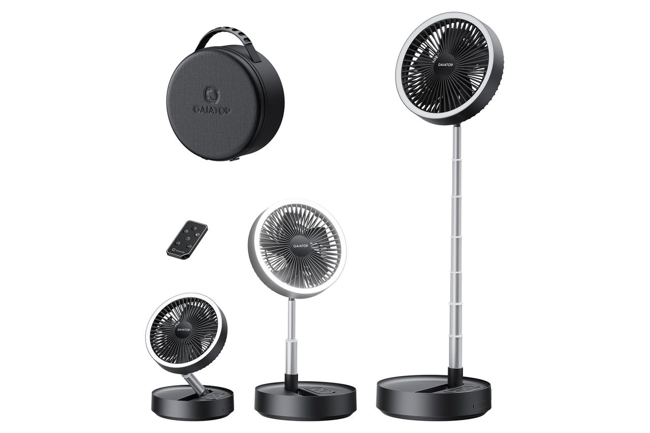 Gaiatop Portable Pedestal Fan 16000mAh Battery [Max 74h Runtime], Foldable Oscillating Standing Fan, Collapsible Desk Fans, LED Light, Case & Remote Control 4 Speeds for Outdoor Travel Camping (Black)