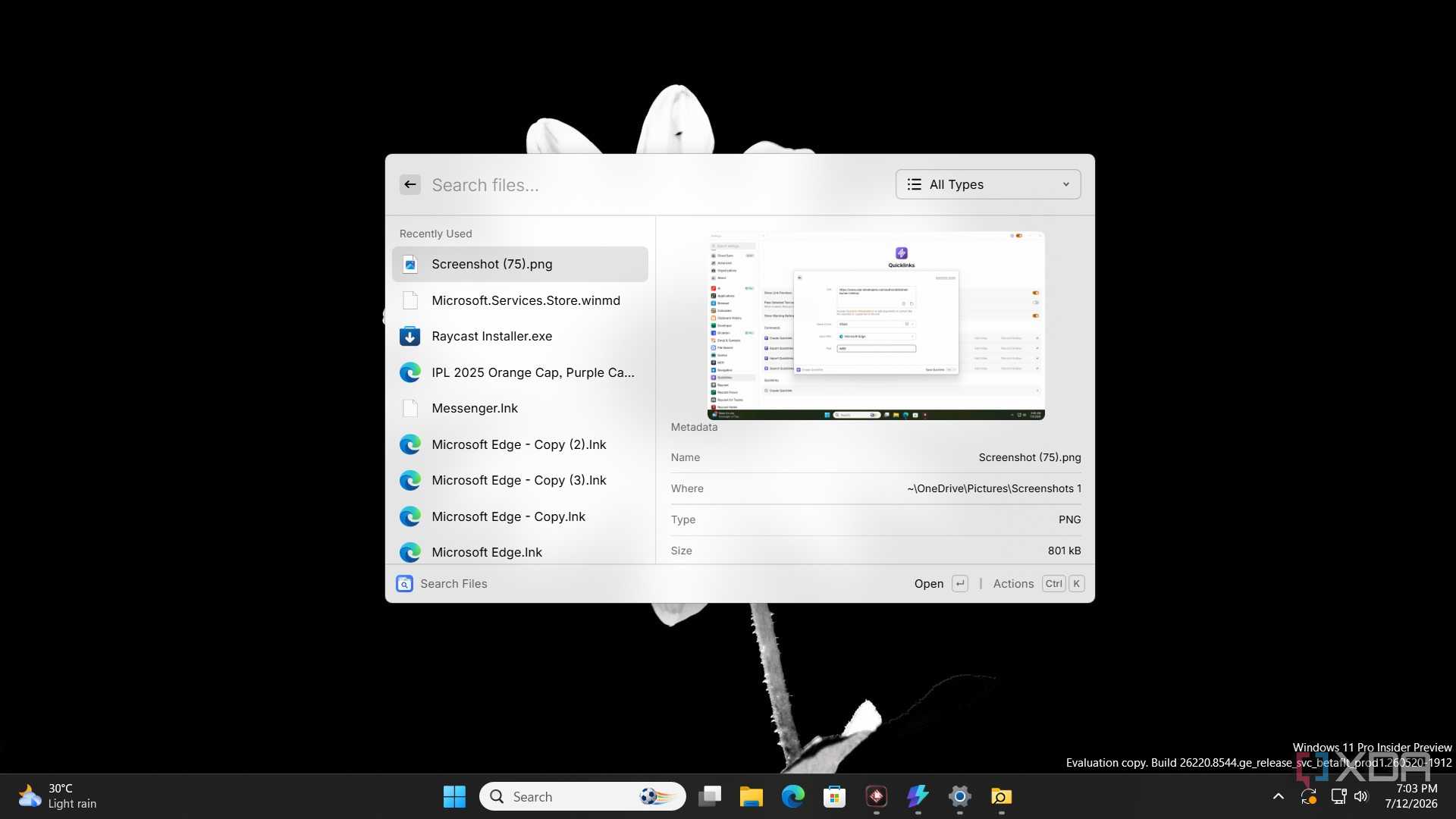 screenshot of raycast search tool