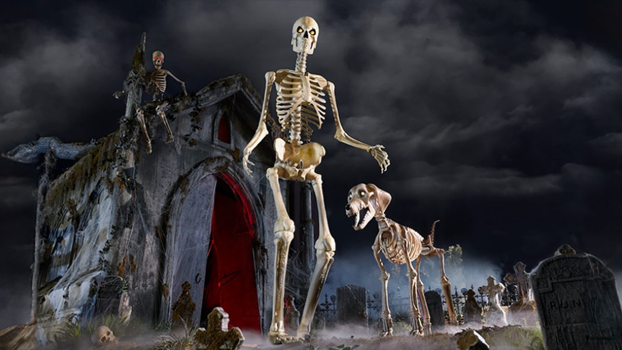 Promo photo for Home Depot's 12-foot-tall Skelly the skeleton halloween sculpture.