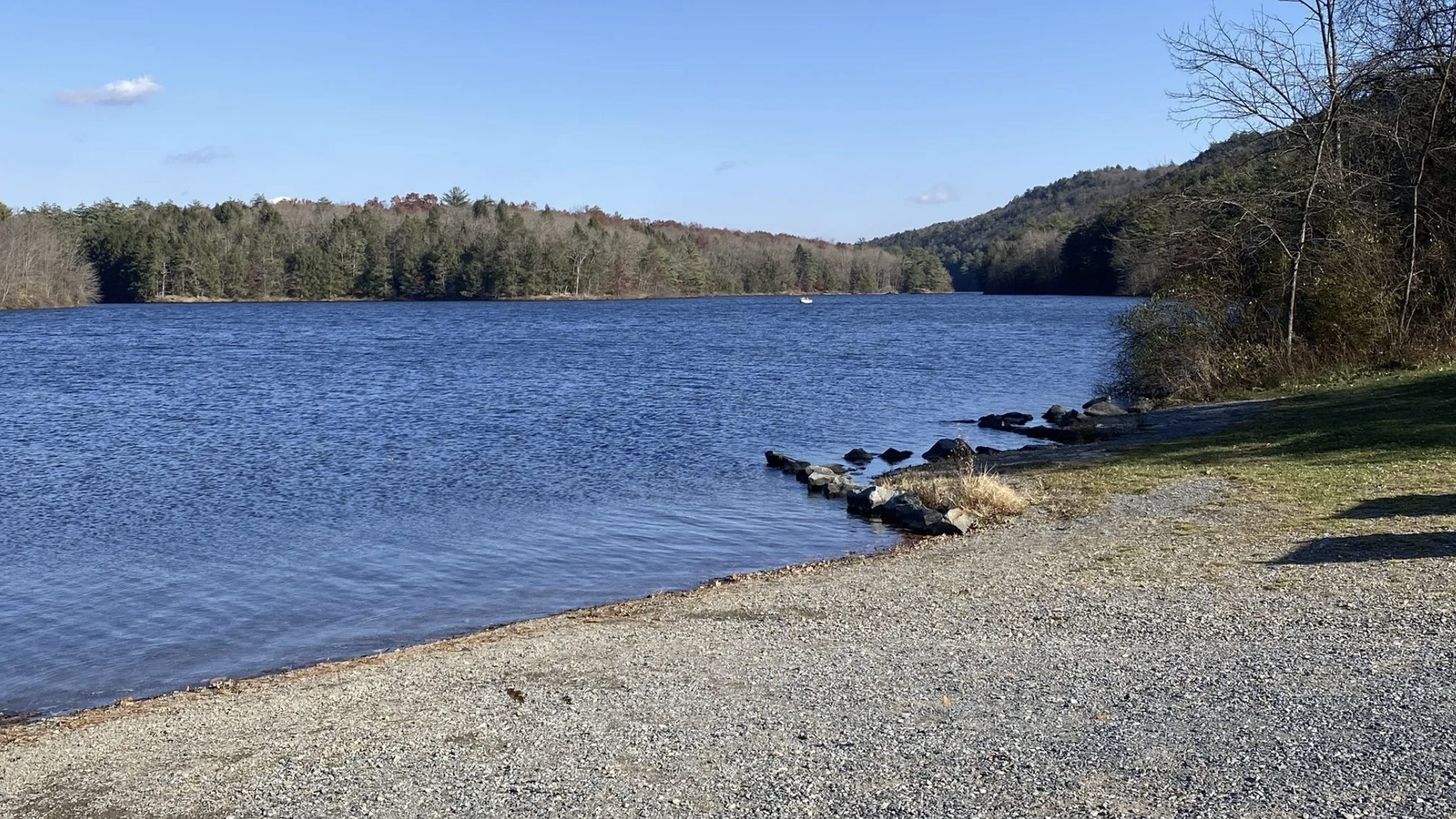 A rocky beach near a lake in Pennsylvania.