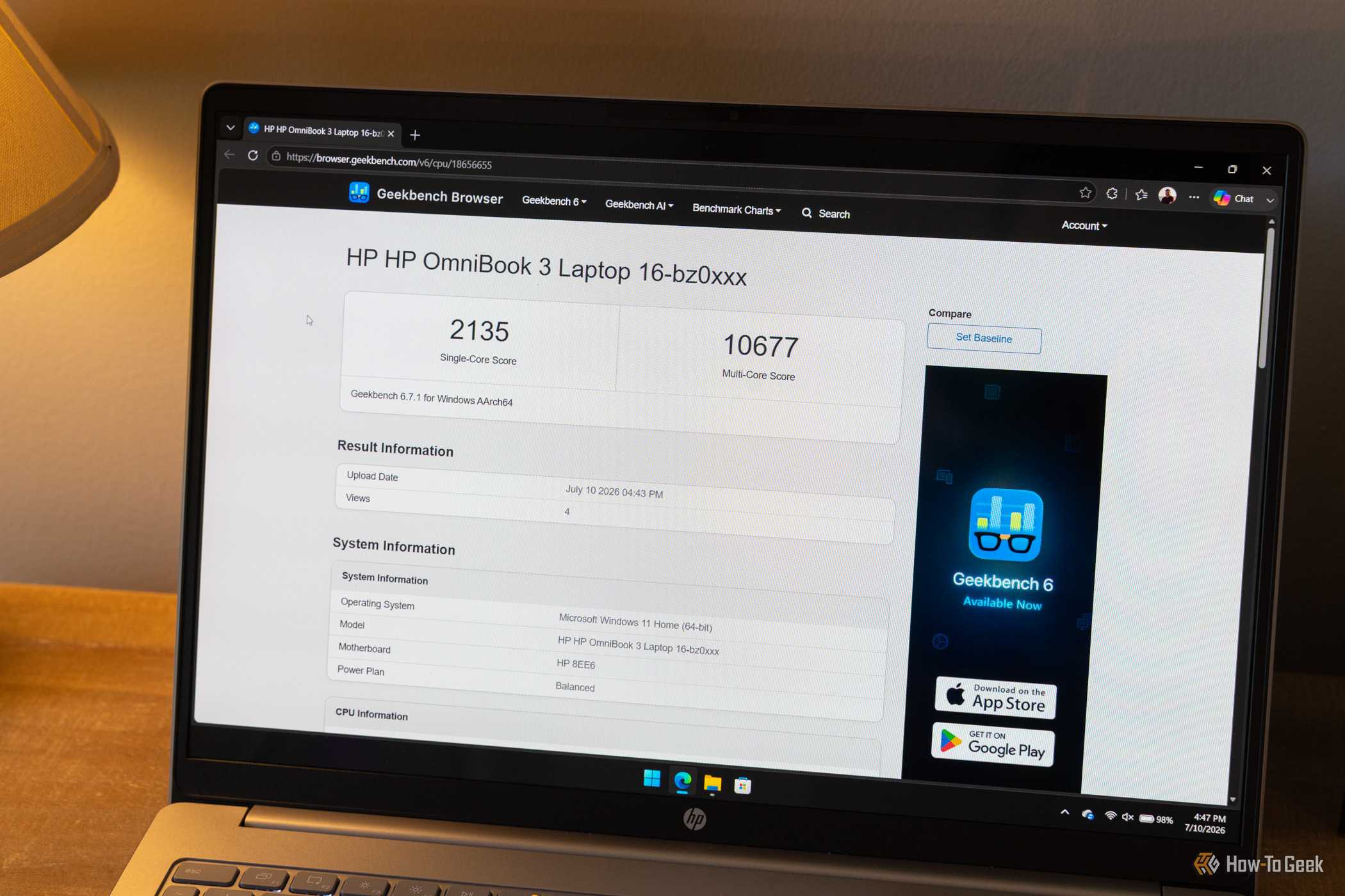 HP OmniBook 3 Geekbench 6 CPU benchmark results with 2135 single-core and 10677 multi-core scores.