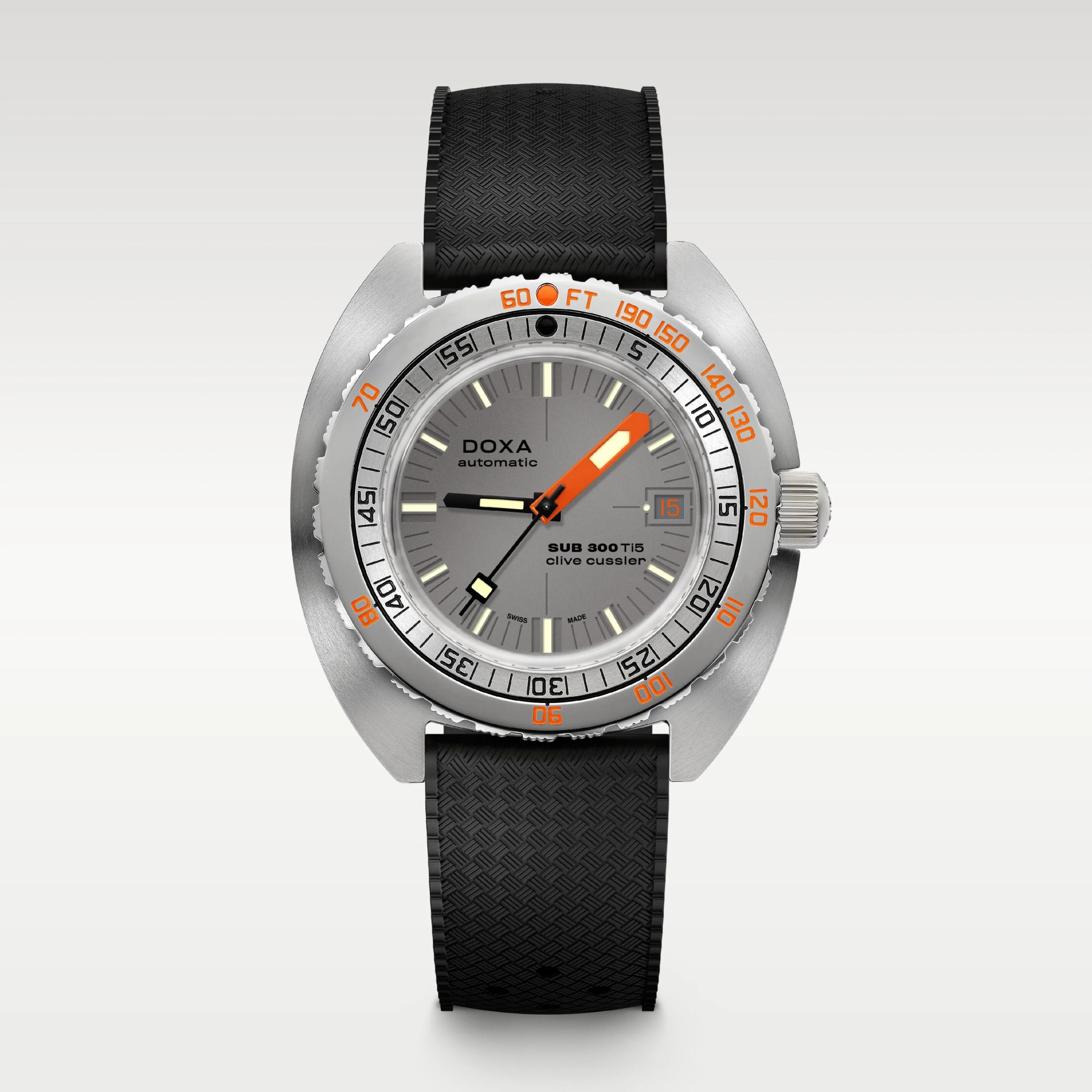 Silver Doxa SUB 300 Ti5 automatic watch with gray dial, orange and black hands, black textured rubber strap.