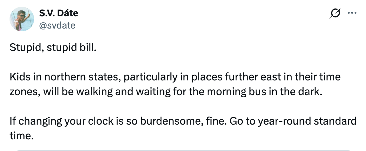 Tweet about switching to year-round standard time for better morning light, referencing a bill on permanent Daylight Saving Time