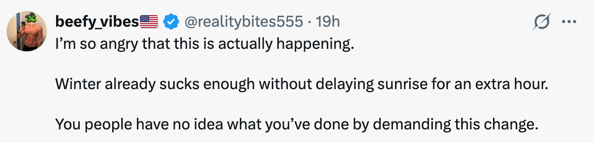 A tweet expressing frustration about a change causing winter sunrise to be delayed by an hour