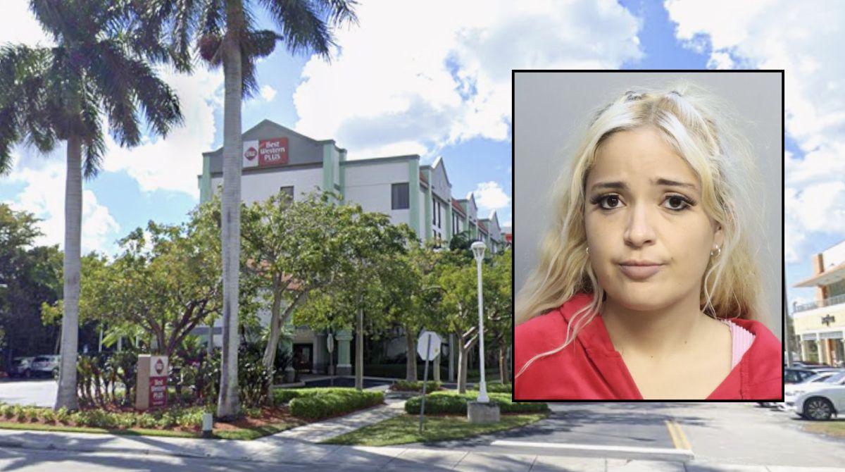 Inset: Lynn Marie Zamora (Miami-Dade County Corrections and Rehabilitation). Background: The Best Western hotel in Miami, Fla. (Google Maps).
