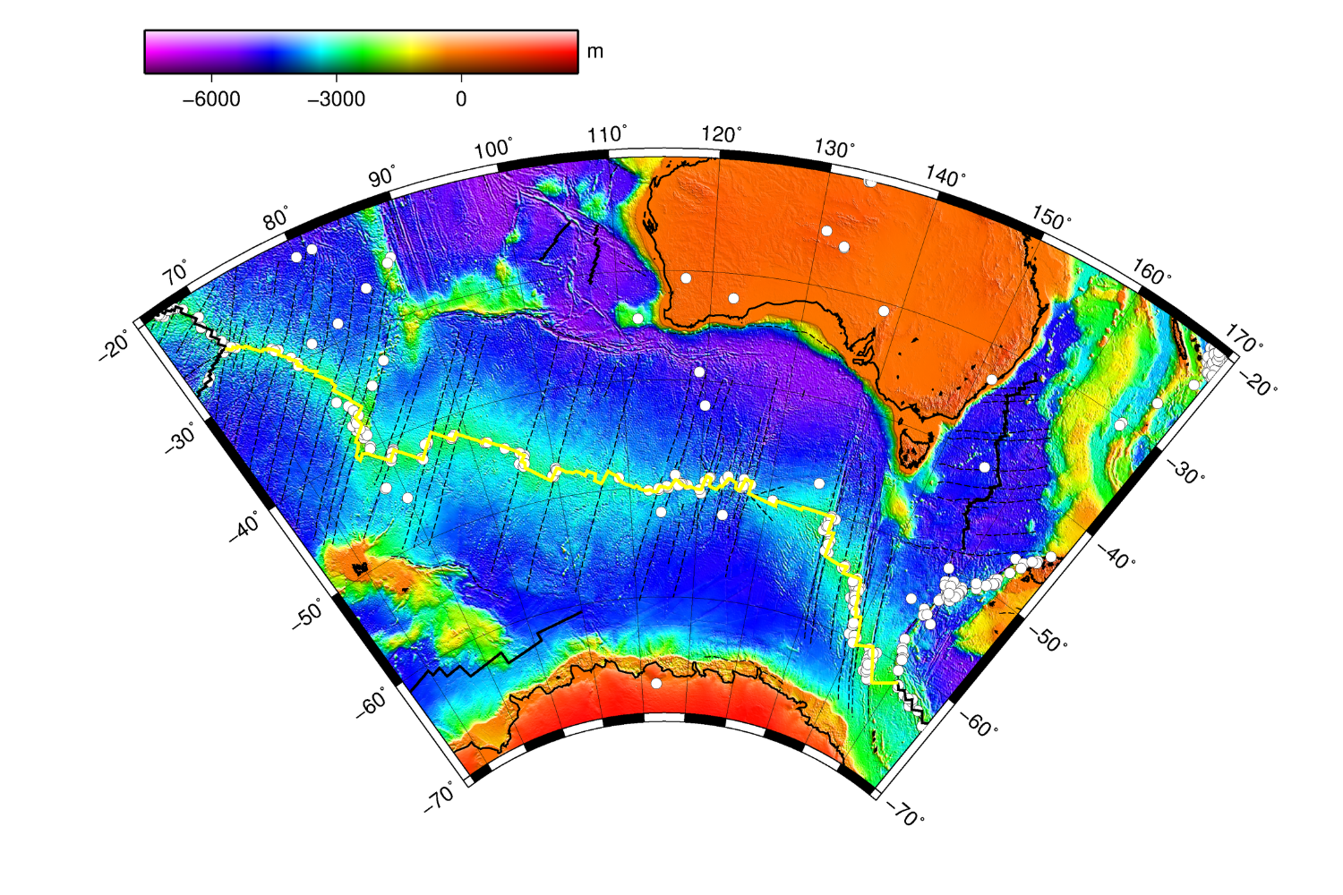 Researchers observed seafloor movement at the Southeast Indian Ridge, denoted by the yellow line.