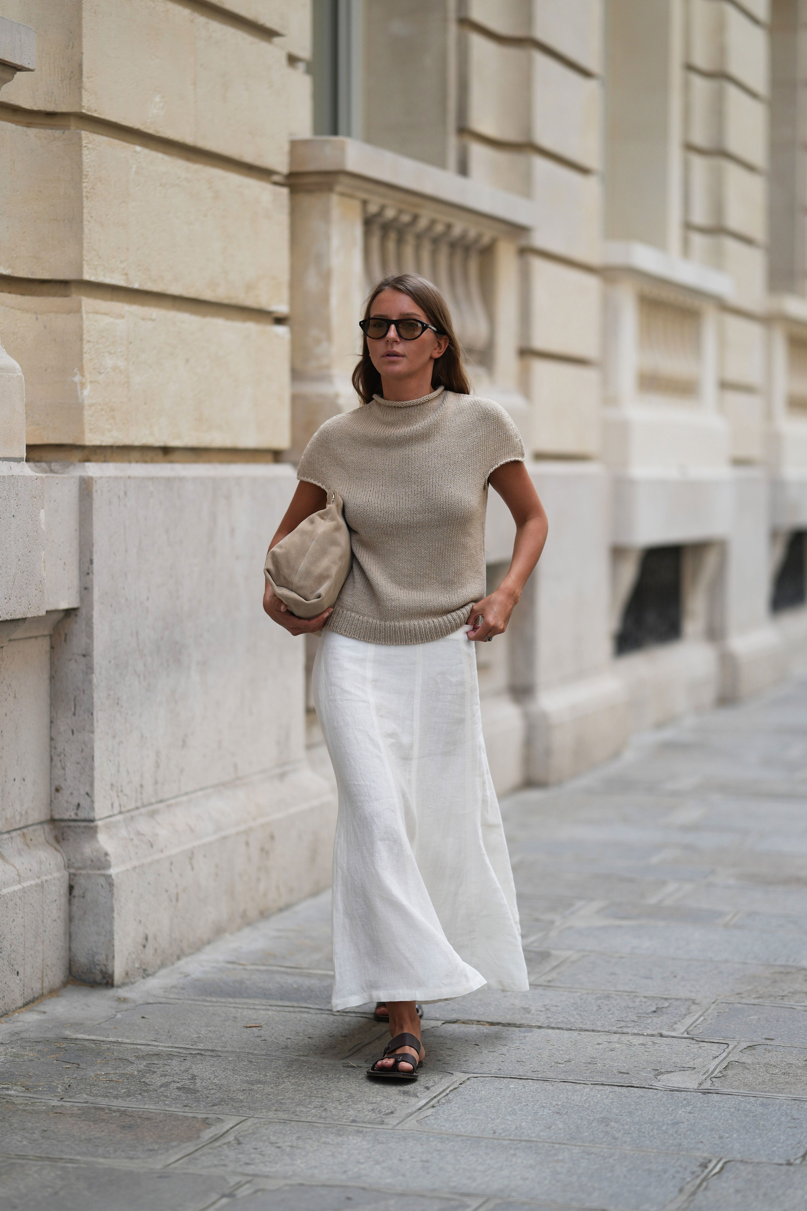 PARIS, FRANCE - JUNE 16: Diane Batoukina wears white maxi skirt by Massimo Dutti
