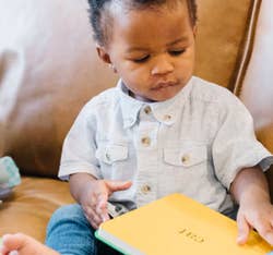 Toddler sitting on a couch, wearing a button-up shirt, focused on a book with the word