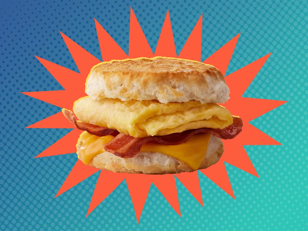 Honey Brown Butter Bacon Egg Cheese Biscuit from McDonald's on a red and teal background