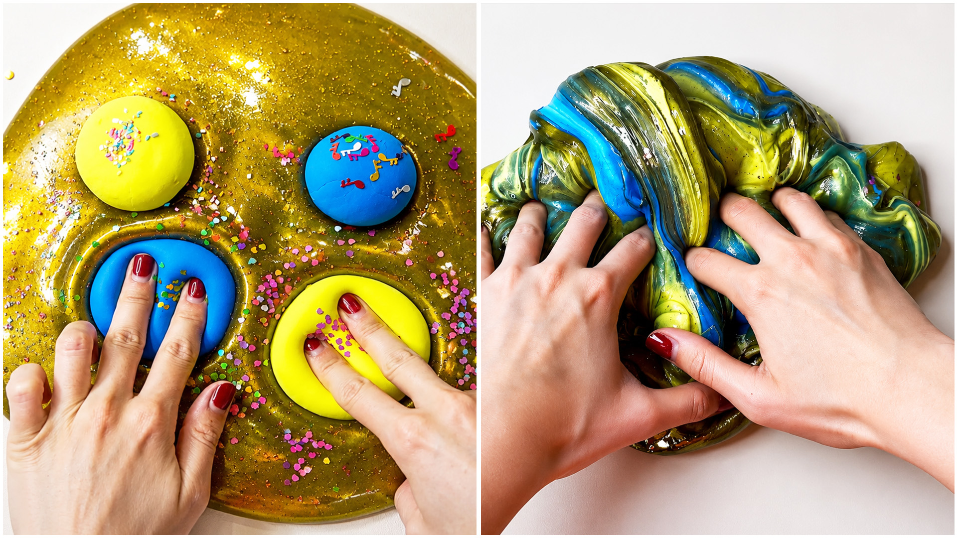Colorful glitter slime mixing and satisfying texture play