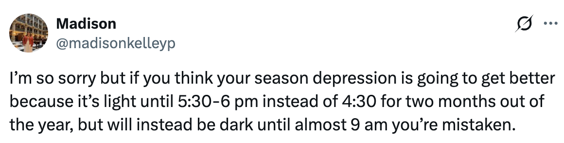 Tweet about the misconception that extended evening light improves seasonal depression, emphasizing late morning darkness