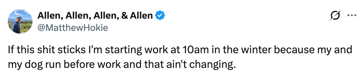 Tweet about starting work at 10am in winter to maintain a morning run routine with a dog