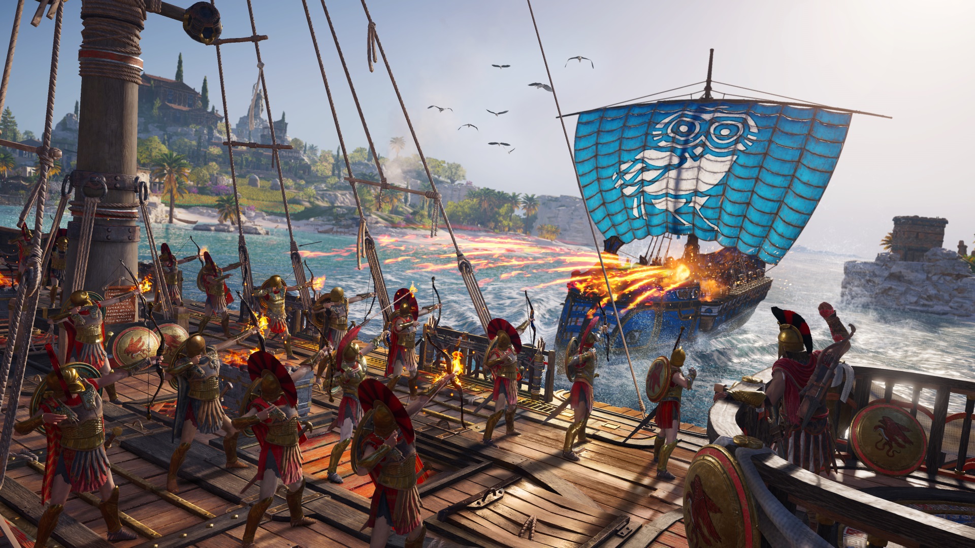 Archers fire flaming arrows at an enemy ship during naval combat in Assassin's Creed Odyssey