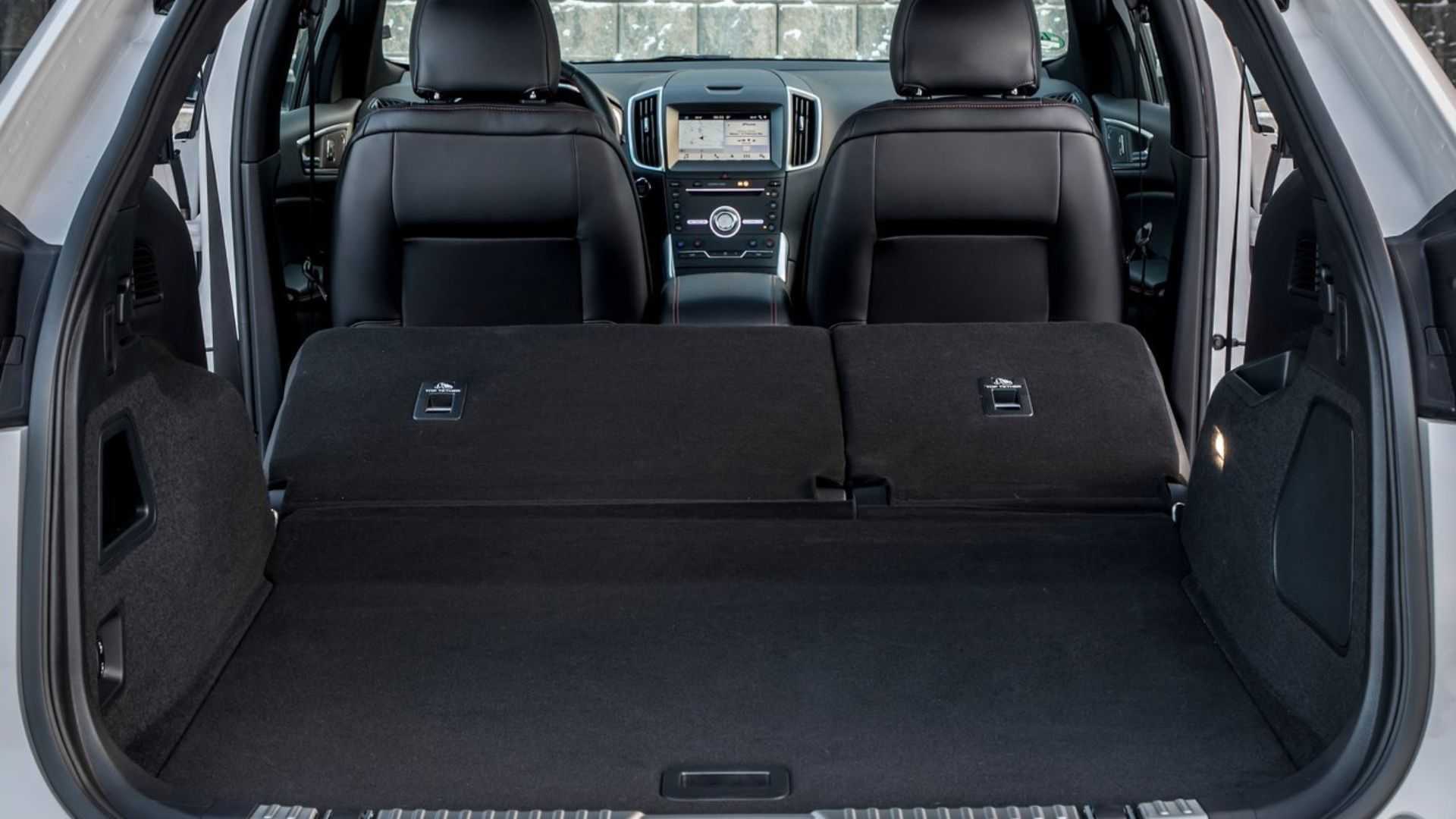 Shot inside the trunk of a 2019 Ford Edge with the rear seats folded.