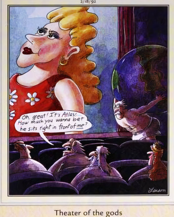 Atlas sits in front of Zeus in this The Far Side comic.