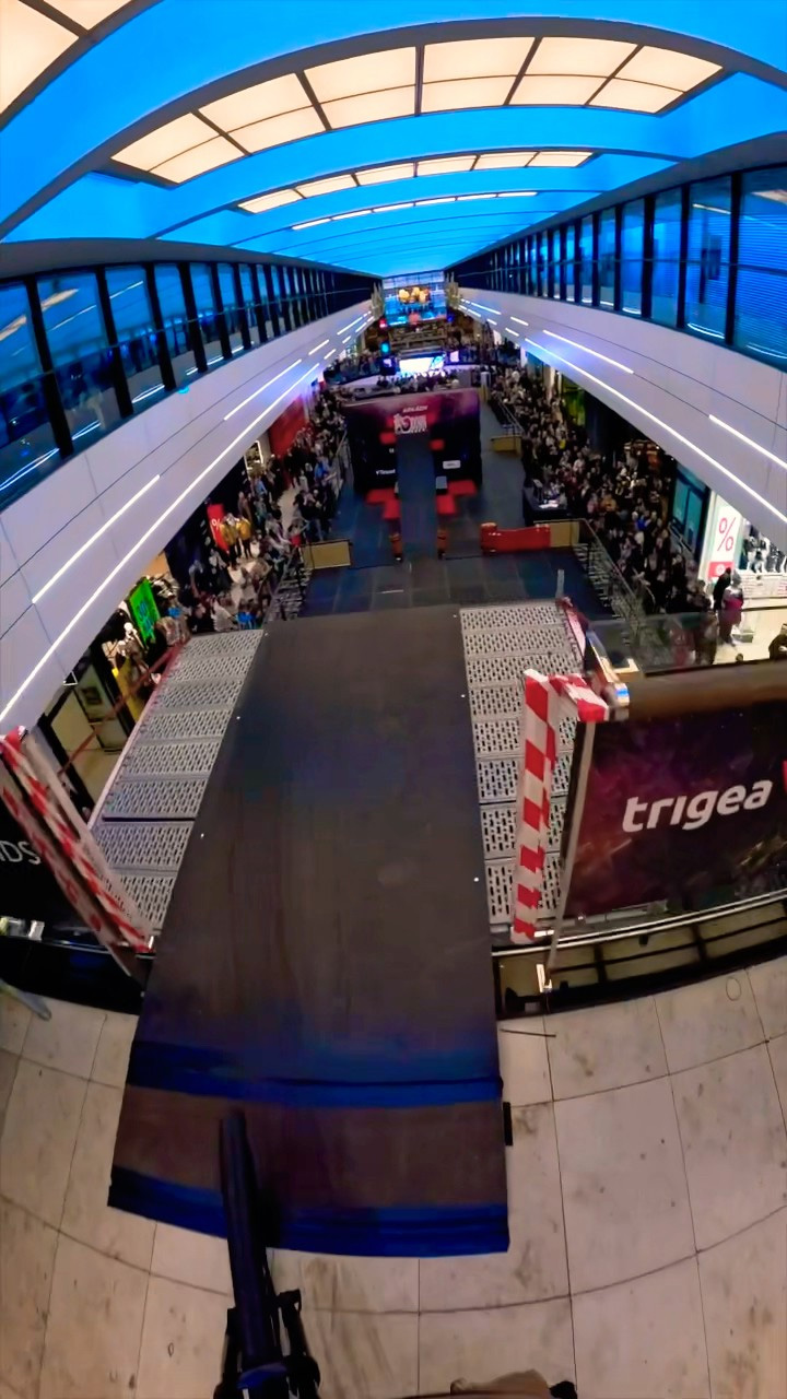 Extreme indoor mountain biking through a shopping mall