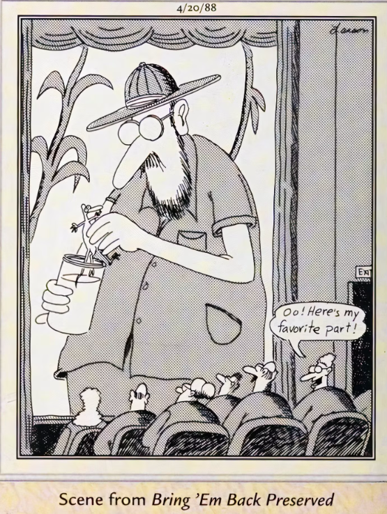 Fans watch a scene from a movie in The Far Side.