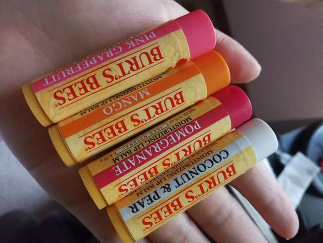 Five Burt's Bees lip balm tubes in different flavors: Pink Grapefruit, Mango, Pomegranate, and Coconut & Pear, held in a person's hand