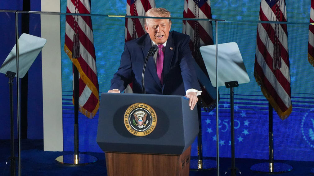 President Donald Trump speaks to the audience during the America's 250 celebration on July 3, 2026, at Mount Rushmore in Keystone, South Dakota.