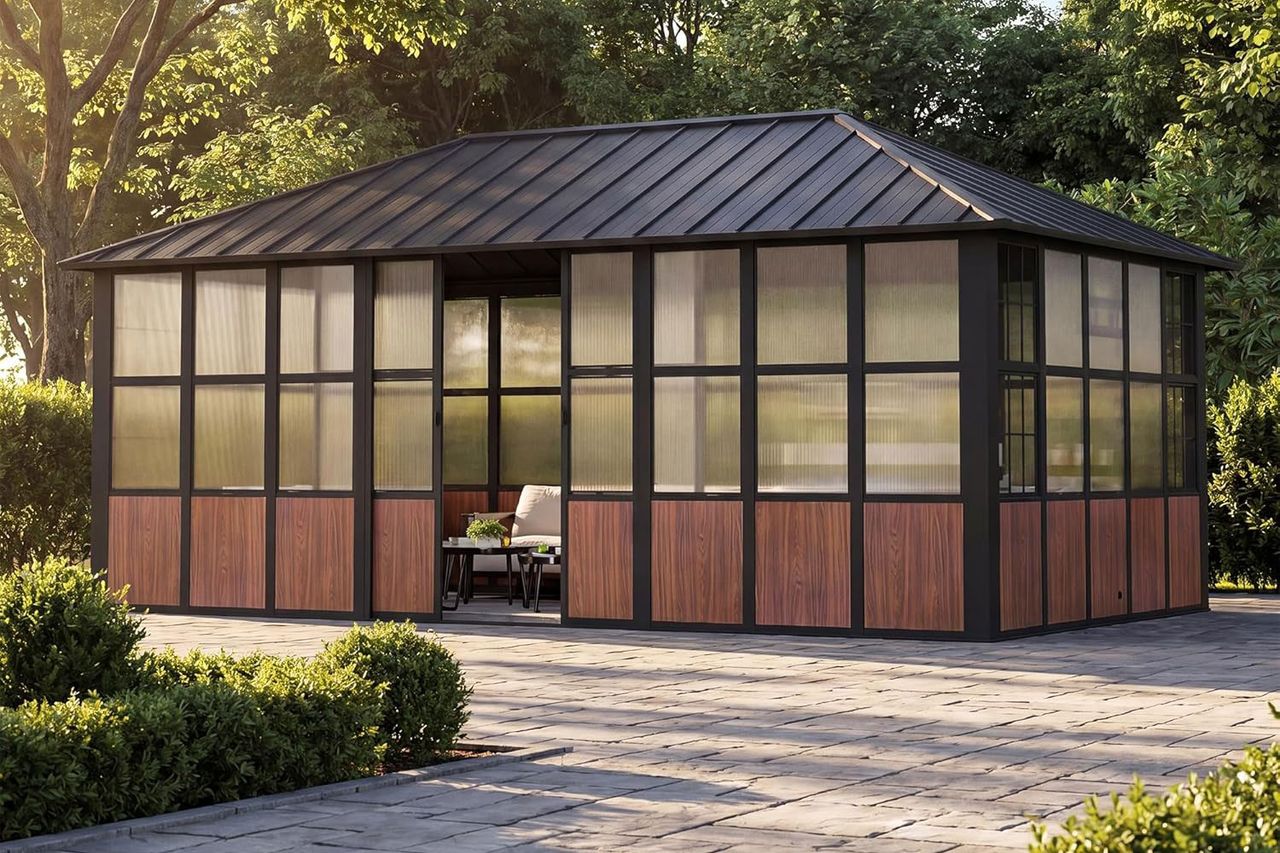 Modern Shade Clario Solarium 12'x20' Sunroom Hardtop Gazebo with TV Mount & Sliding Doors,