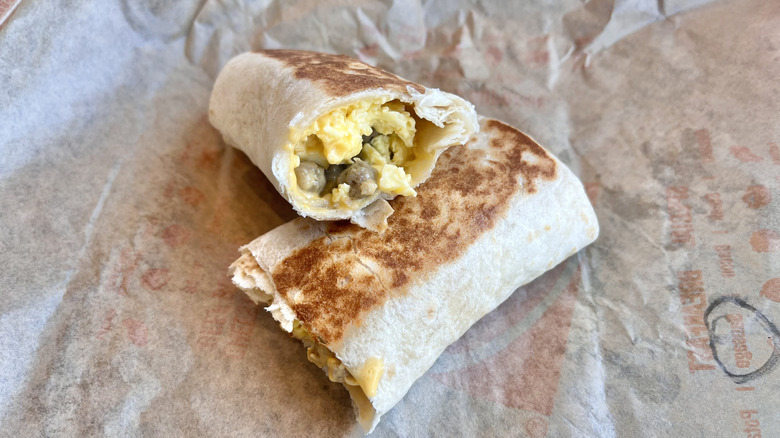 Cheesy Toasted Breakfast Burrito Sausage cut in half
