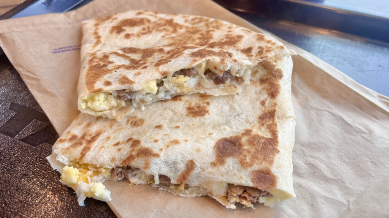 Breakfast Quesadilla Steak cut in half