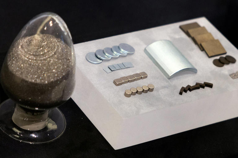 Neodymium-iron-boron magnetic powder and rare earth permanent magnet materials are displayed at a March exhibition on China's manufacturing achievements, at the National Museum in Beijing. Photo: Reuters