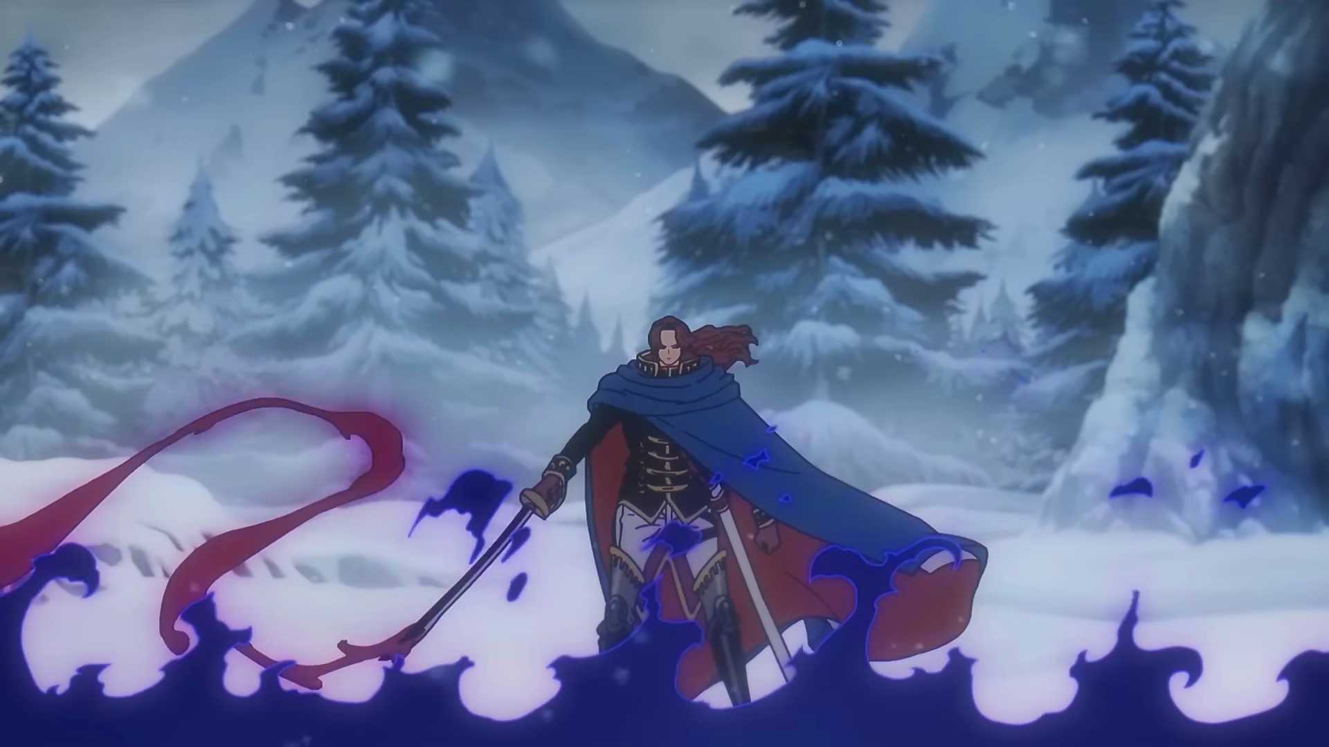 Screenshot from One Piece anime episode 1168 shows Holy Knight Saint Shamrock unsheathing his sword and a red and purple aura erupting out of it with the snowly Elbaph landscape behind him.