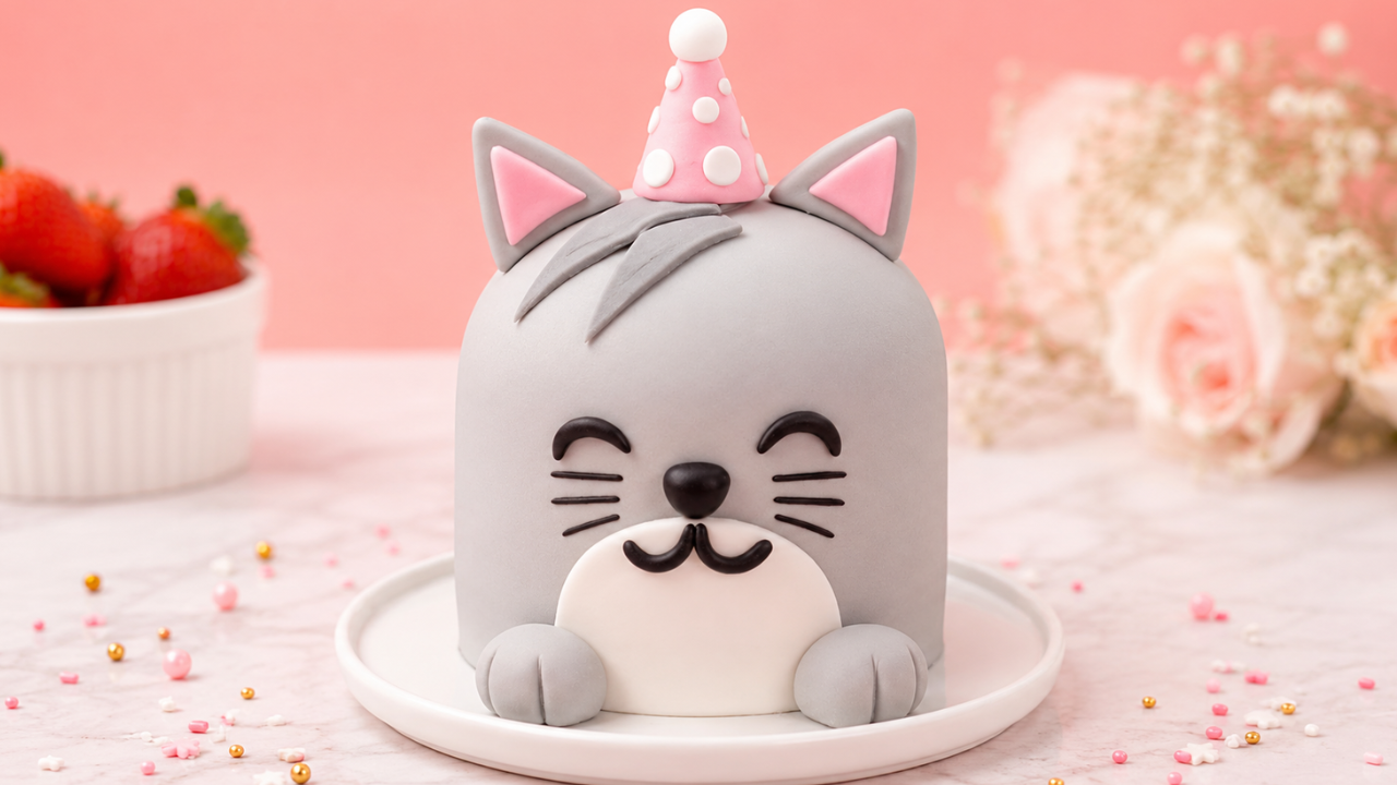 Cute gray kitty birthday cake