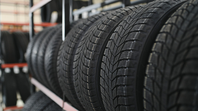 Rack of tires, variable-focus image showing tire treads