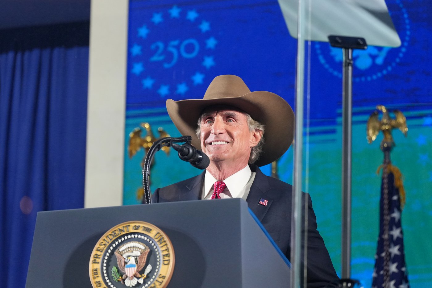 Interior Secretary Doug Burgum speaks at Mount Rushmore National Memorial, Friday, July 3, 2026, near Keystone, S.D. (AP Photo/Alex Brandon)