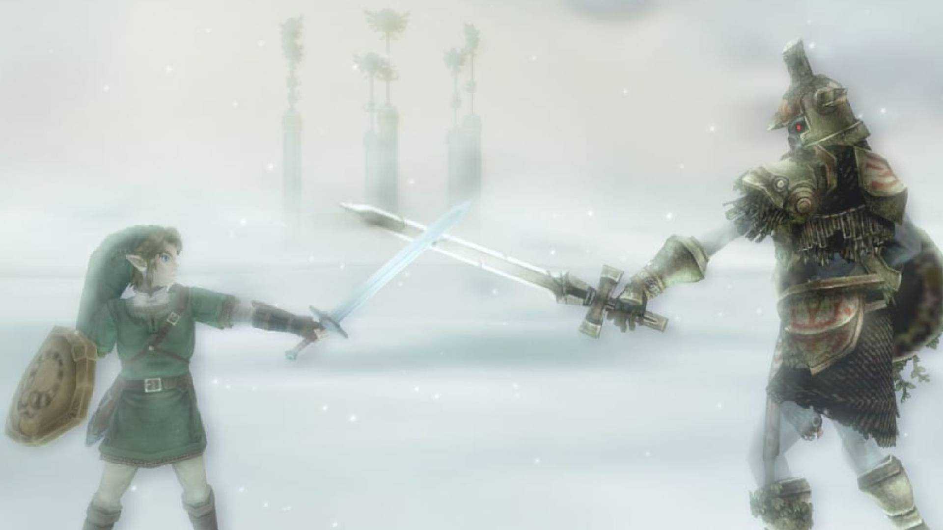 Link and the Hero's Spirit clashing swords in Twilight Princess.