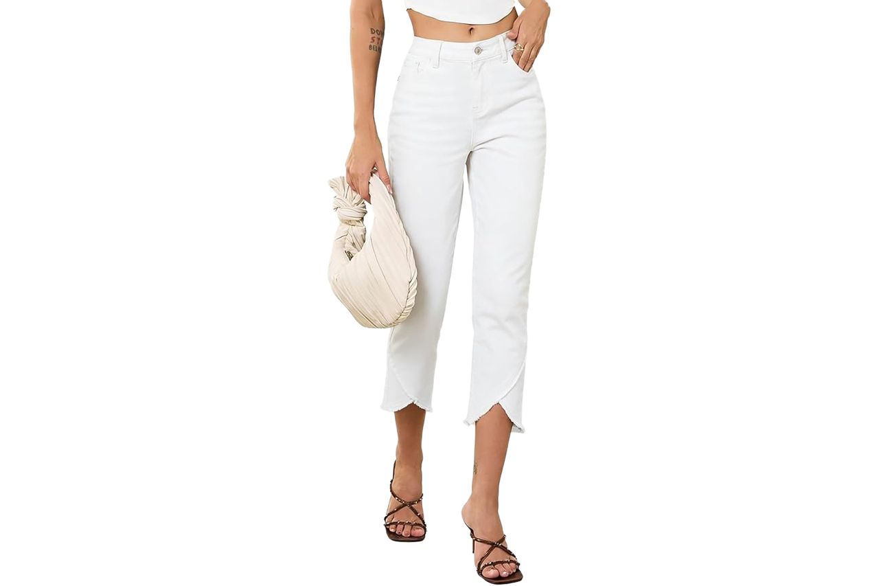 Sidefeel Jeans for Women High Waisted Stretchy Capri Jeans Skinny Cropped Summer Trendy Cross Raw Hem Denim Pants Cream White Size 4 at Amazon Women's Jeans store