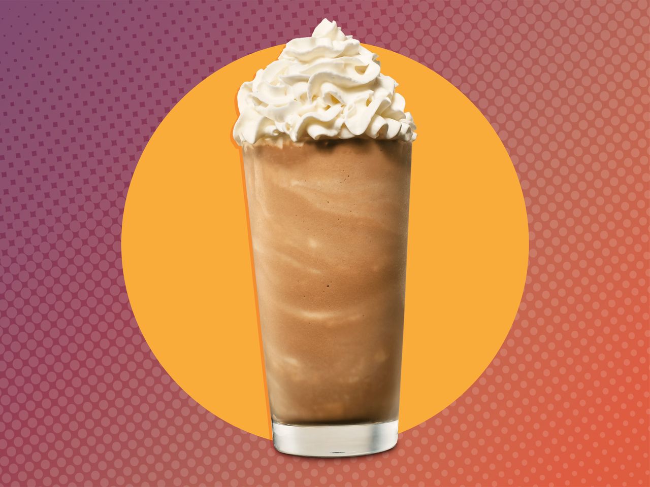Arby's Jamocha Shake over an orange circle on a purple and red halftone gradient background