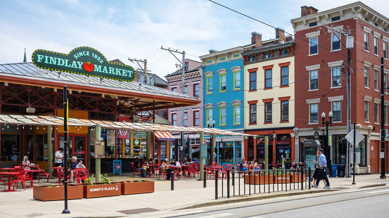Colorful buildings at Cincinnati's Findlay Market on a sunny day.